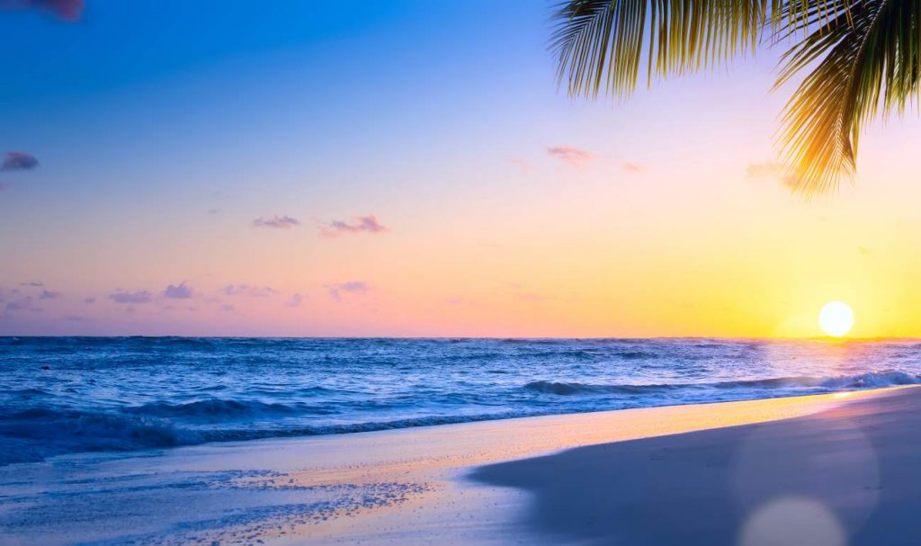 Travelling with breast cancer: View of sunrise under palm tree on beach holiday